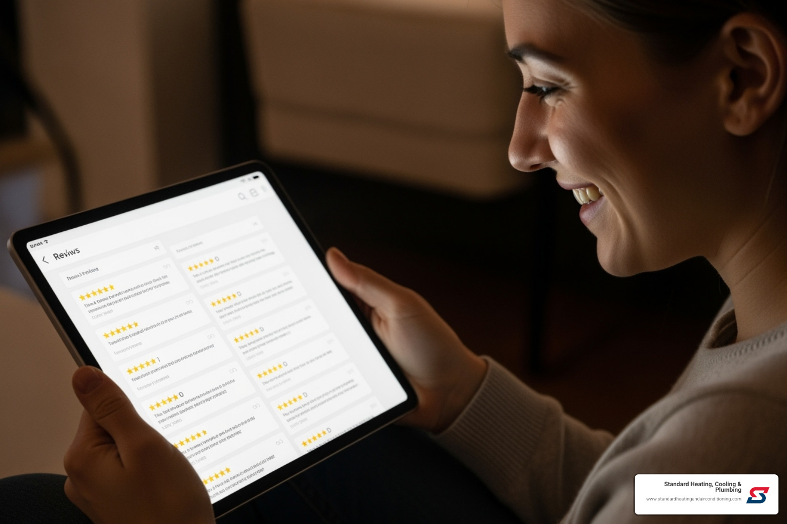 Image of a person reading positive customer reviews on a tablet - best furnace repair hoover, al Image of a person reading positive customer reviews on a tablet - best furnace repair hoover, al