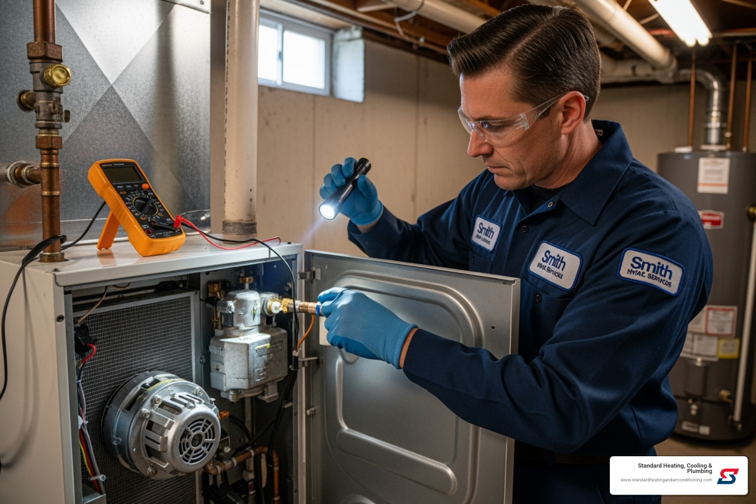 Image of a professional, uniformed technician inspecting a furnace - best furnace repair hoover, al Image of a professional, uniformed technician inspecting a furnace - best furnace repair hoover, al