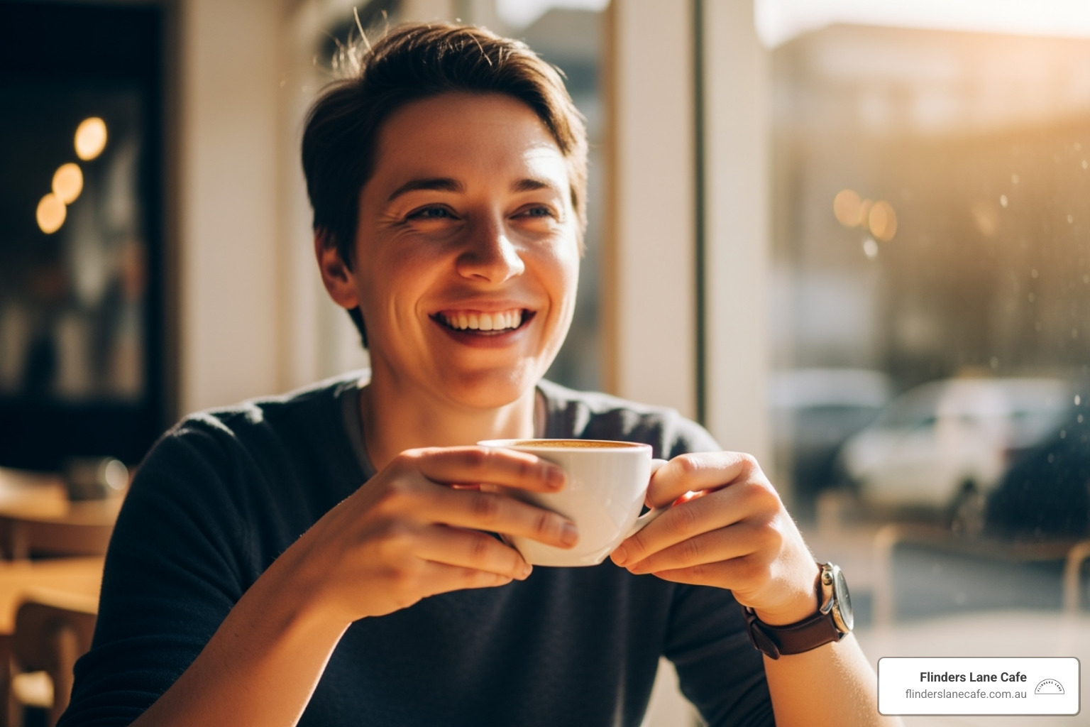 a person smiling while enjoying a coffee in a bright, mid-morning setting - best time for drinking coffee
