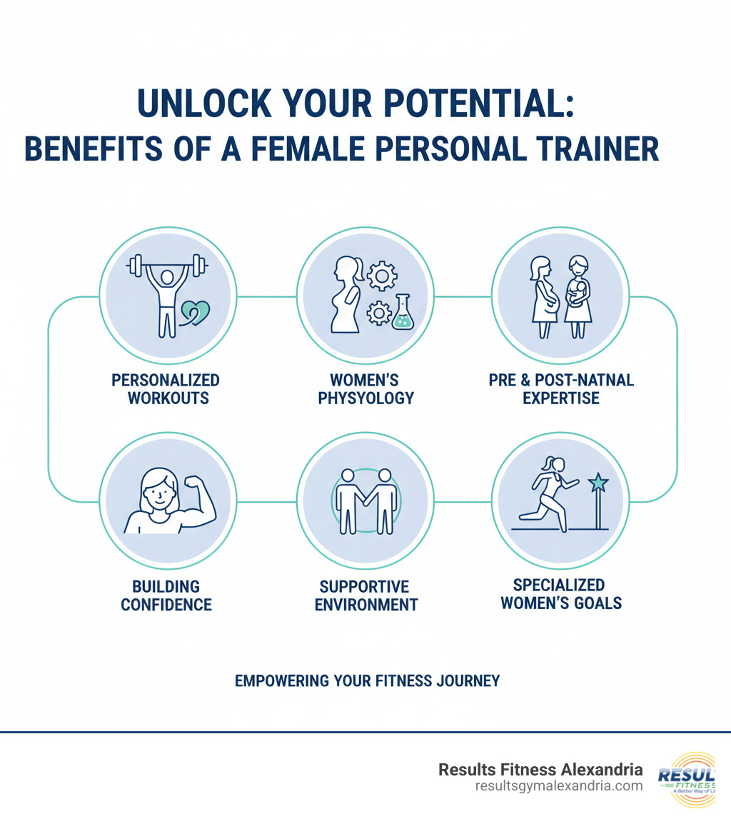 Comprehensive guide showing the key benefits of working with a female personal trainer including personalized workout plans, understanding of women's physiology, pre and post-natal expertise, building confidence and self-worth, creating supportive environments, and specialized training for women's goals - female fitness trainers near me infographic 
