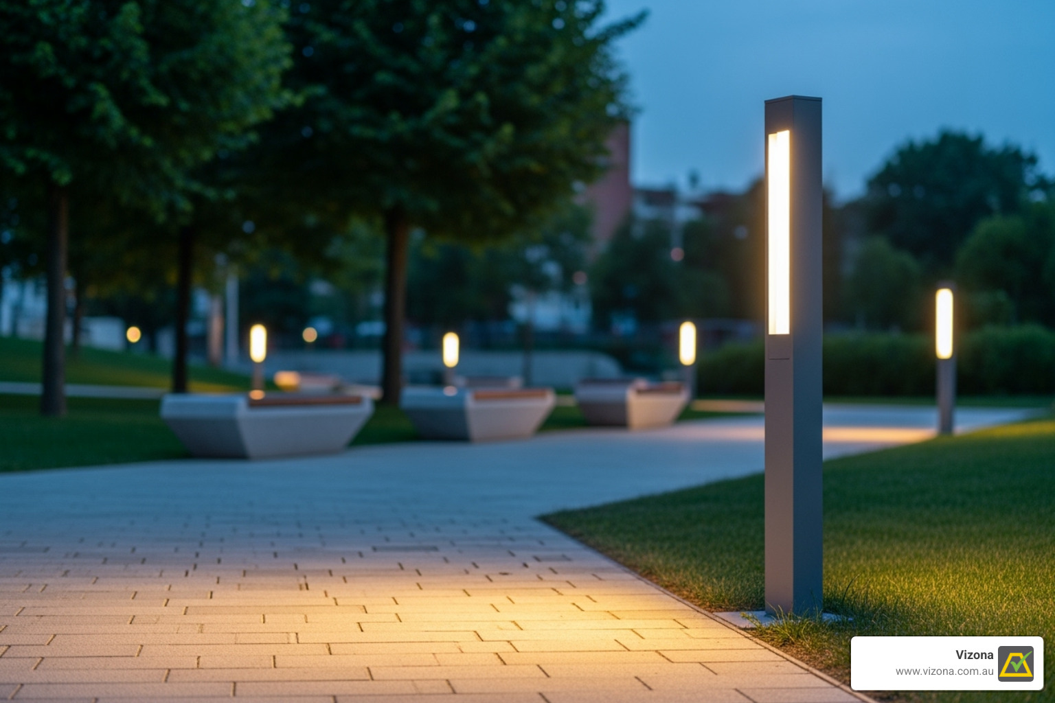 A square aluminium light pole in a modern urban park setting, with LED lighting illuminating a pathway - Aluminium Light Poles