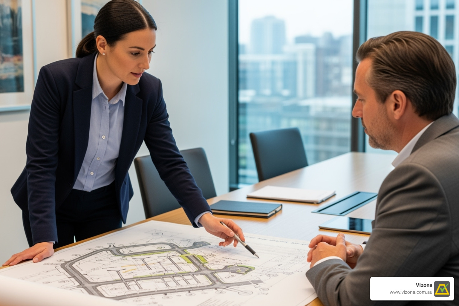 Vizona team member consulting with a client, pointing to a blueprint of an urban lighting project featuring aluminium poles - Aluminium Light Poles