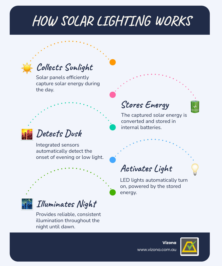 Infographic showing how solar lighting works: during the day, solar panels collect sunlight and charge internal batteries; at dusk, sensors automatically turn on LED lights using stored energy; lights operate throughout the night providing reliable illumination - Solar Lighting Sydney infographic infographic-line-5-steps-blues-accent_colors