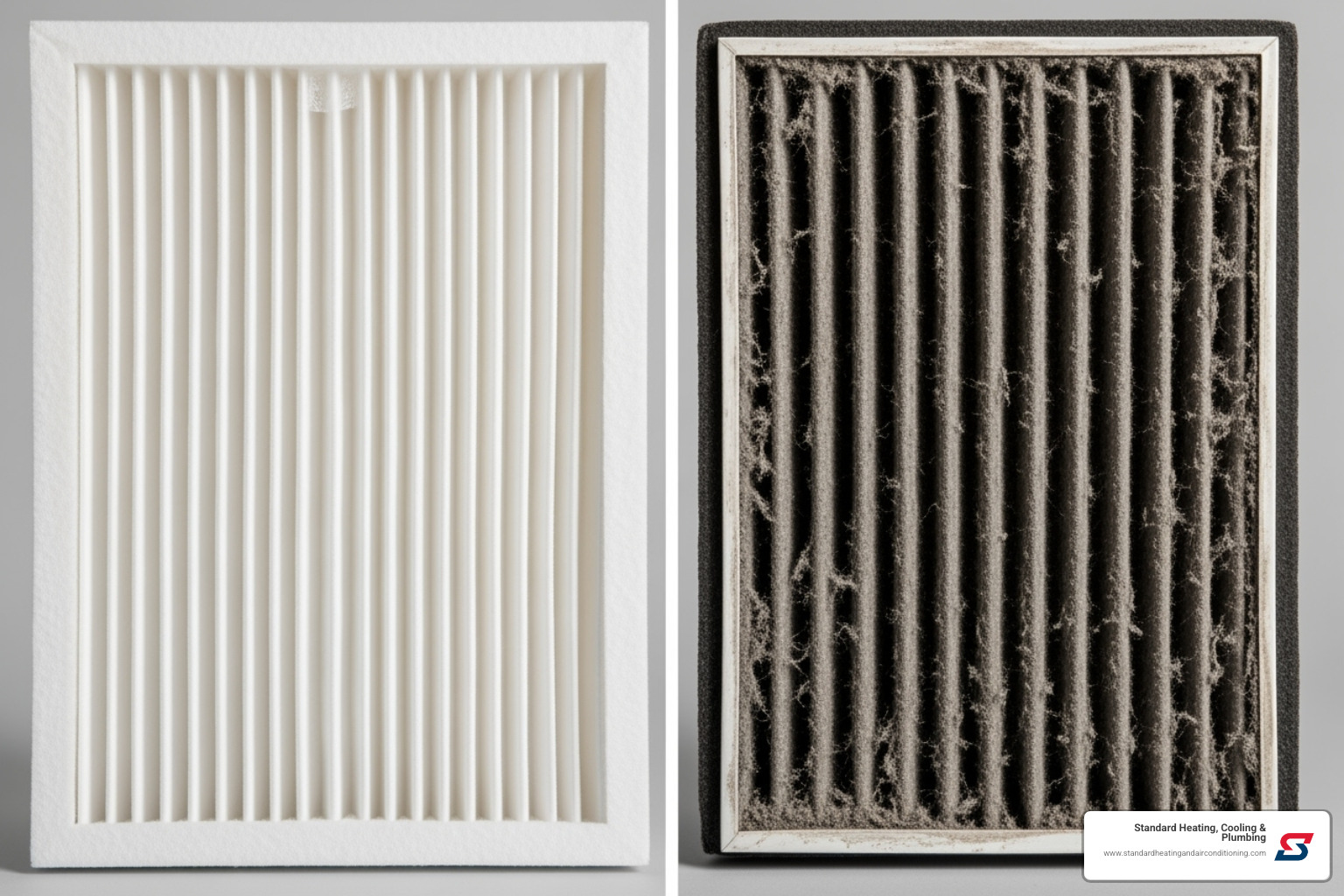 A striking side-by-side comparison of a pristine, white furnace filter next to a heavily soiled, dark gray filter, visually emphasizing the importance of regular filter replacement for air quality and system efficiency. - preventive furnace maintenance birmingham, al