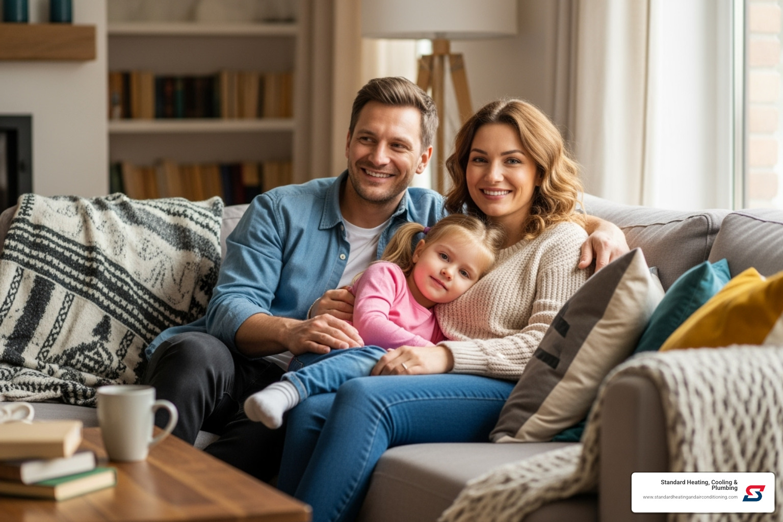 A heartwarming image of a family (father, mother, and child) snuggled together on a couch in a cozy, brightly lit living room, smiling and looking content, illustrating the comfort and peace of mind provided by a well-maintained heating system. - preventive furnace maintenance birmingham, al