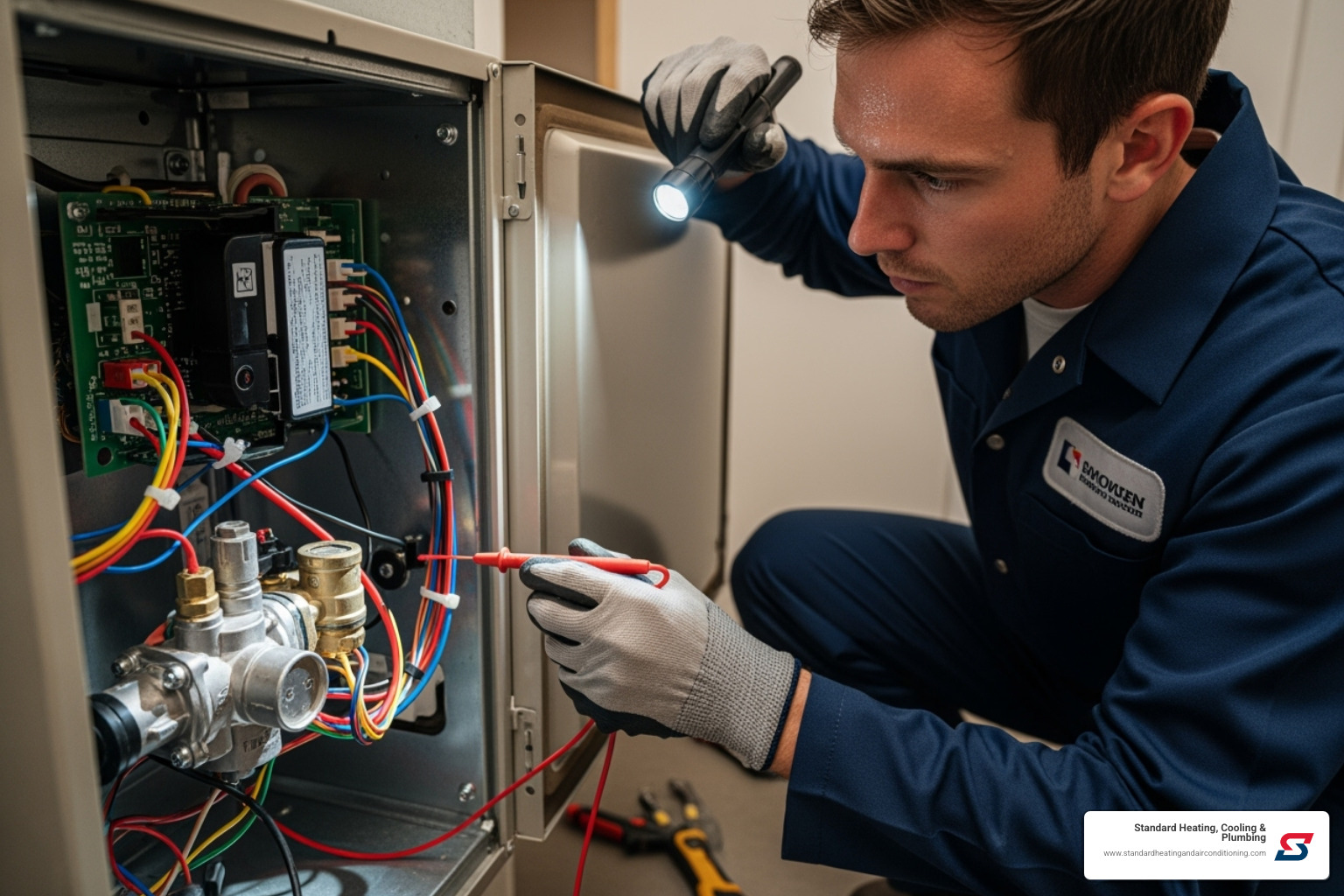 A close-up image of a skilled technician carefully inspecting the internal wiring and components of a furnace, highlighting their attention to detail during maintenance. - preventive furnace maintenance birmingham, al