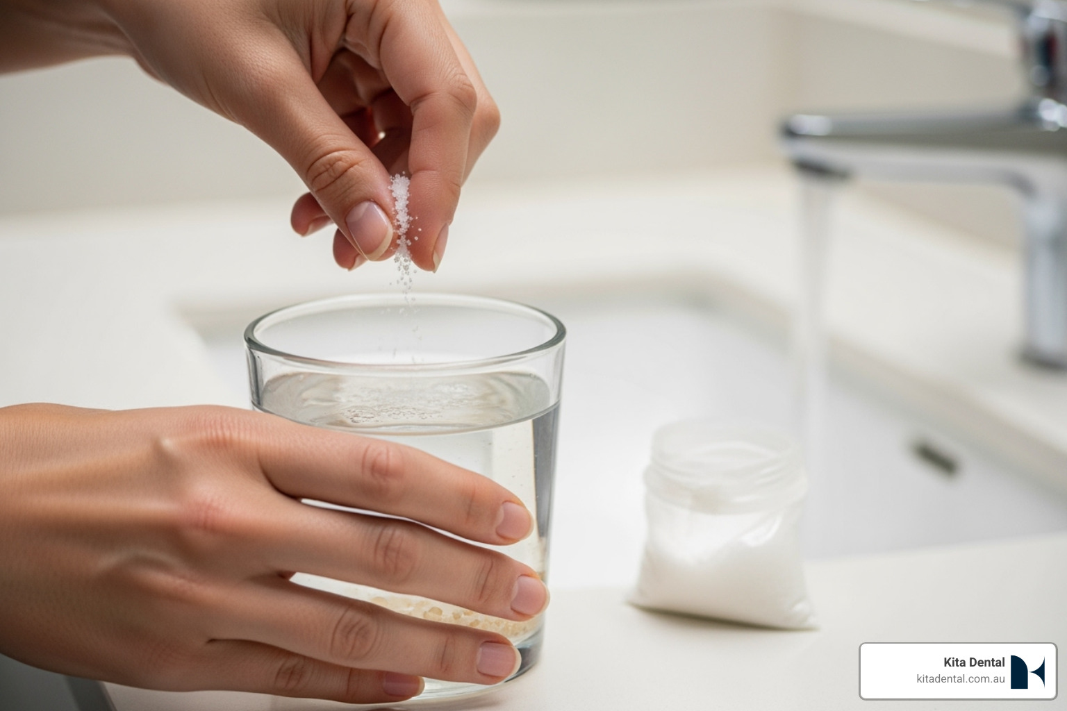 Person preparing a warm salt water rinse - wisdom tooth infection treatment Person preparing a warm salt water rinse - wisdom tooth infection treatment