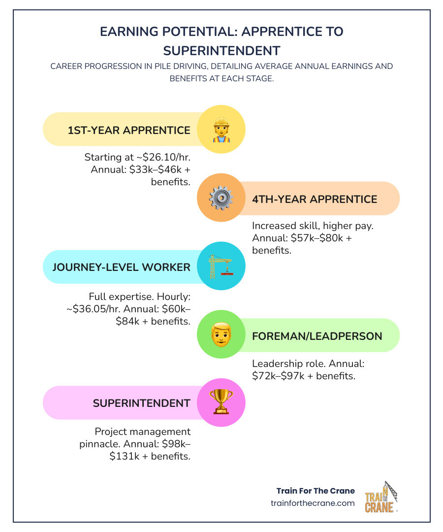 Table comparing average annual earnings for pile driver career stages from apprentice to superintendent, including first-year, fourth-year, journeyworker, foreman, and superintendent, with salary ranges and benefits. - pile driver training infographic infographic-line-5-steps-colors Table comparing average annual earnings for pile driver career stages from apprentice to superintendent, including first-year, fourth-year, journeyworker, foreman, and superintendent, with salary ranges and benefits. - pile driver training infographic infographic-line-5-steps-colors