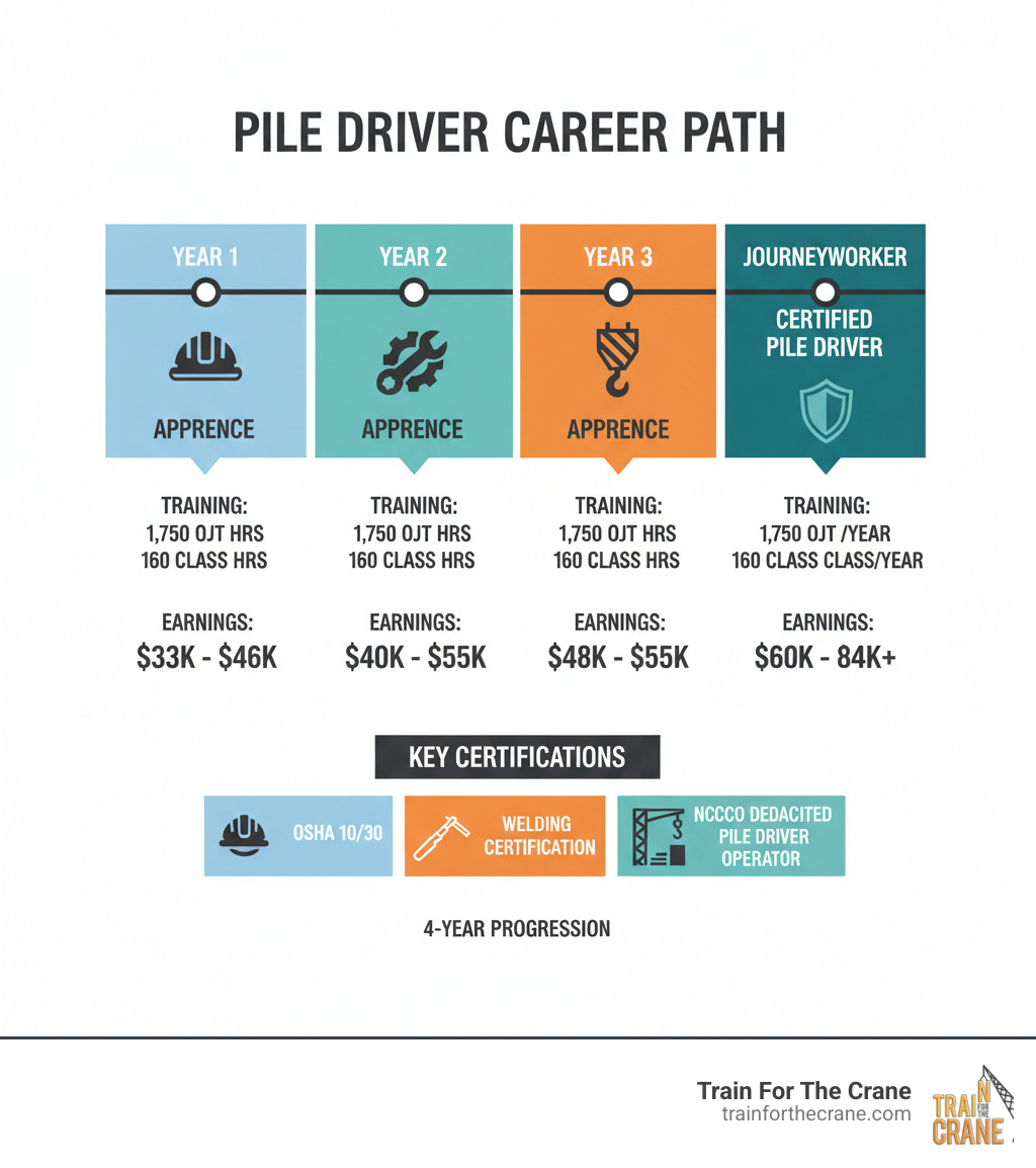 Infographic showing the pile driver career path from application through apprenticeship to journeyworker, with training hours, earning potential at each stage, and certification requirements. Includes timeline showing 4-year progression with OJT hours (1,750 per year) and classroom hours (160 per year), salary ranges from $33K-46K (Year 1) to $60K-84K (Journeyworker), and key certifications including OSHA, welding, and NCCCO Dedicated Pile Driver Operator credential. - pile driver training infographic Infographic showing the pile driver career path from application through apprenticeship to journeyworker, with training hours, earning potential at each stage, and certification requirements. Includes timeline showing 4-year progression with OJT hours (1,750 per year) and classroom hours (160 per year), salary ranges from $33K-46K (Year 1) to $60K-84K (Journeyworker), and key certifications including OSHA, welding, and NCCCO Dedicated Pile Driver Operator credential. - pile driver training infographic