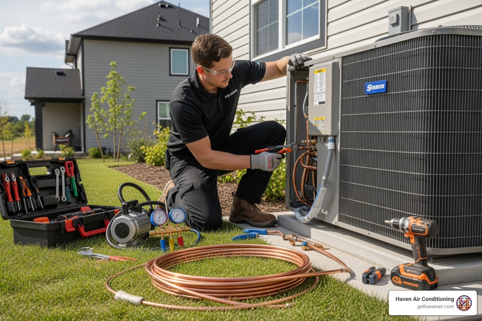 HVAC technician installing an outdoor condenser unit - cost to install multi zone mini split HVAC technician installing an outdoor condenser unit - cost to install multi zone mini split