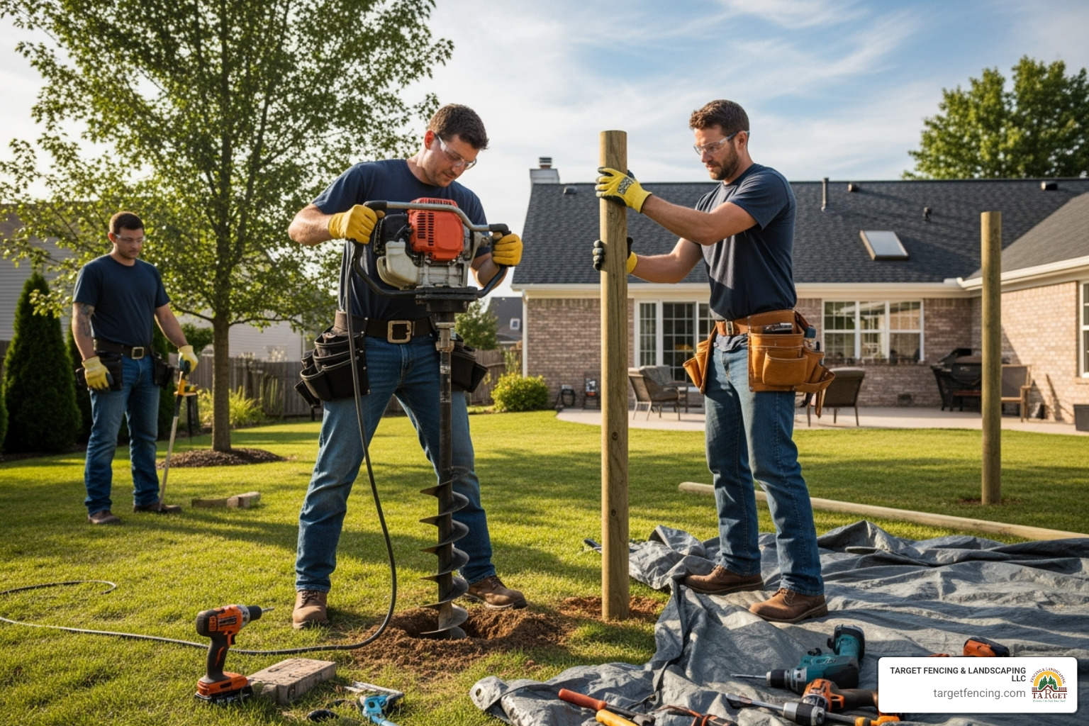 A professional crew installing fence posts with specialized equipment - backyard fence installation A professional crew installing fence posts with specialized equipment - backyard fence installation