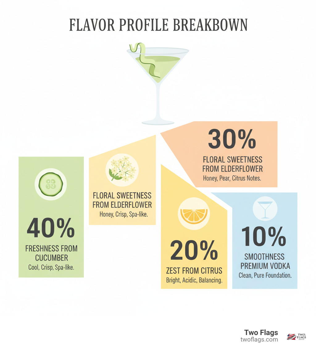 Infographic showing cucumber elderflower martini flavor profile breakdown: 40% Freshness from Cucumber (cool, crisp, spa-like), 30% Floral Sweetness from Elderflower (honey, pear, citrus notes), 20% Zest from Citrus (bright, acidic, balancing), 10% Smoothness from Premium Vodka (clean, pure foundation) - cucumber elderflower martini infographic 