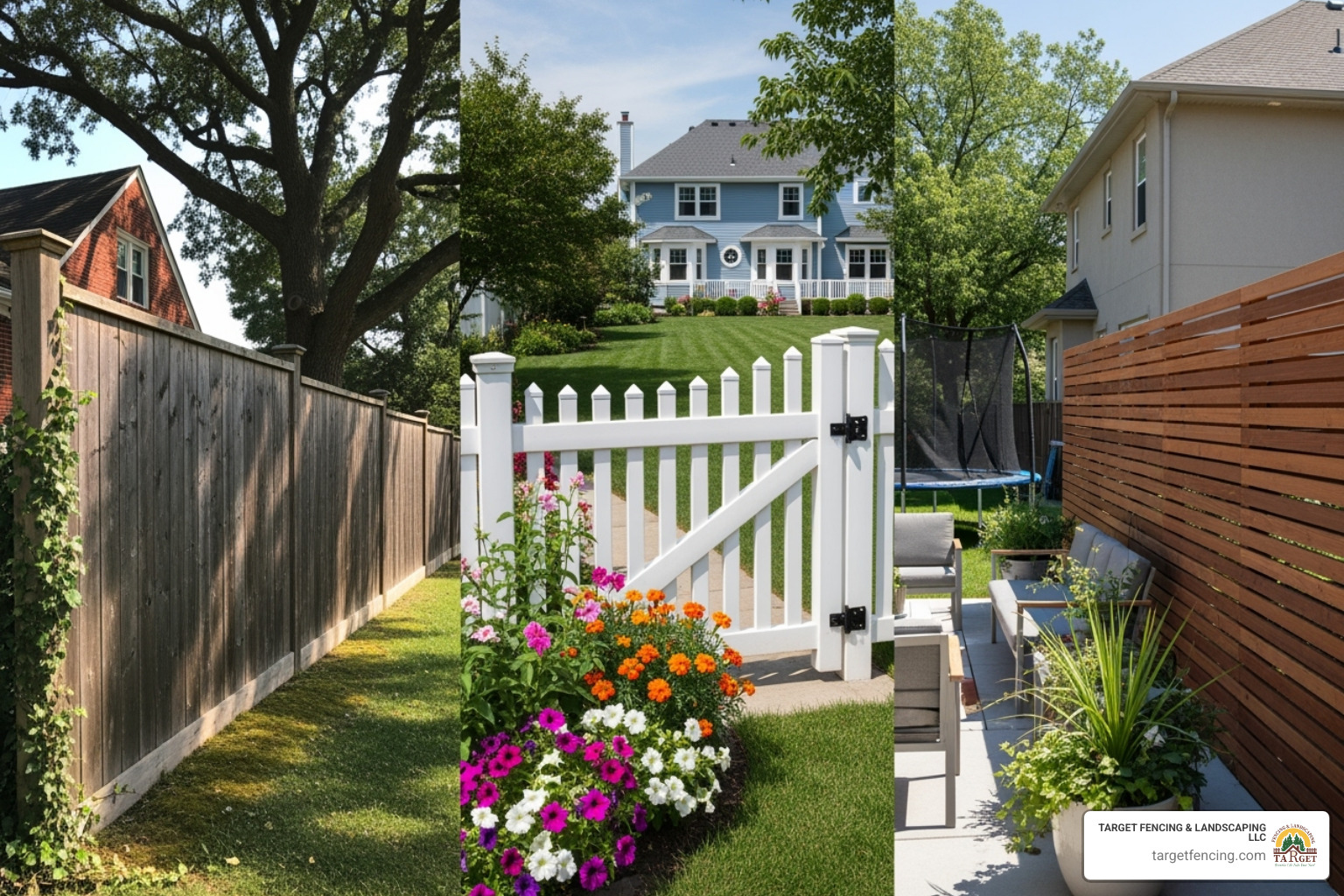 A collage showing different fence styles including a tall privacy fence, a classic picket fence, and a modern horizontal slat fence - backyard fence installation A collage showing different fence styles including a tall privacy fence, a classic picket fence, and a modern horizontal slat fence - backyard fence installation