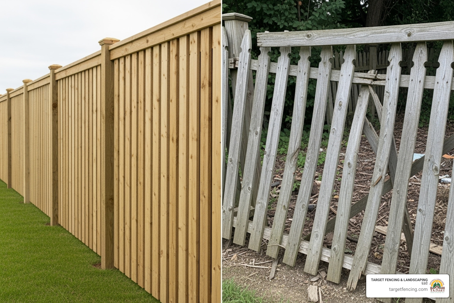 A split image contrasting a perfectly installed professional fence with a crooked, amateurishly built DIY fence - backyard fence installation A split image contrasting a perfectly installed professional fence with a crooked, amateurishly built DIY fence - backyard fence installation