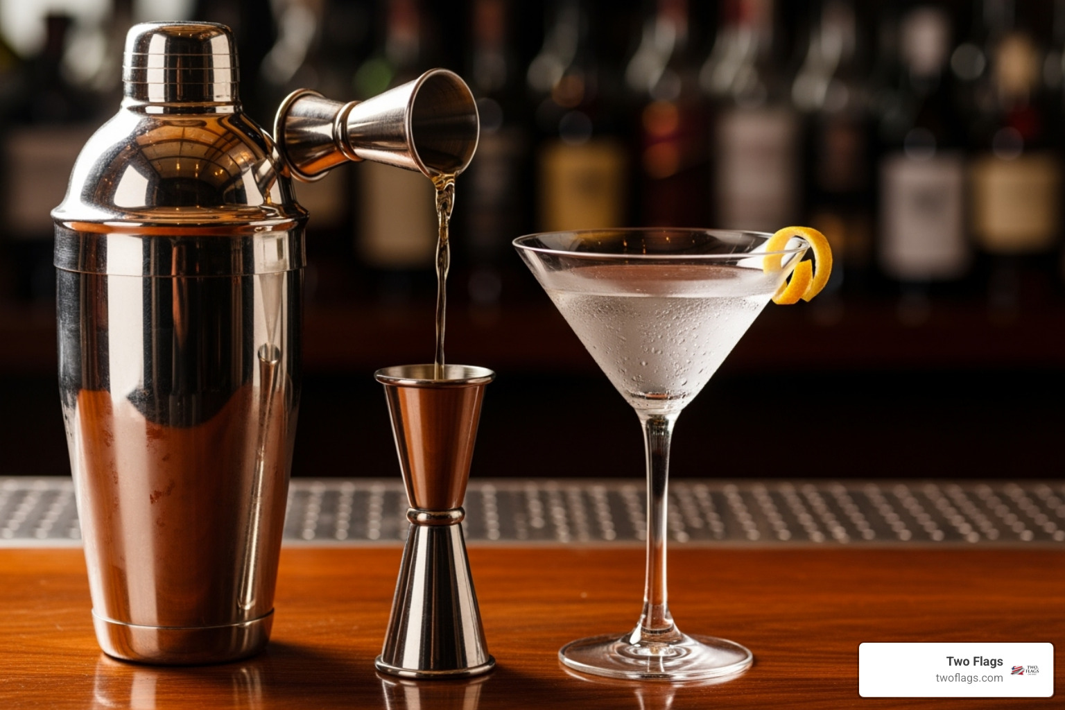 a cocktail shaker, a jigger pouring liquid, and a chilled martini glass, ready for the cocktail - cucumber elderflower martini