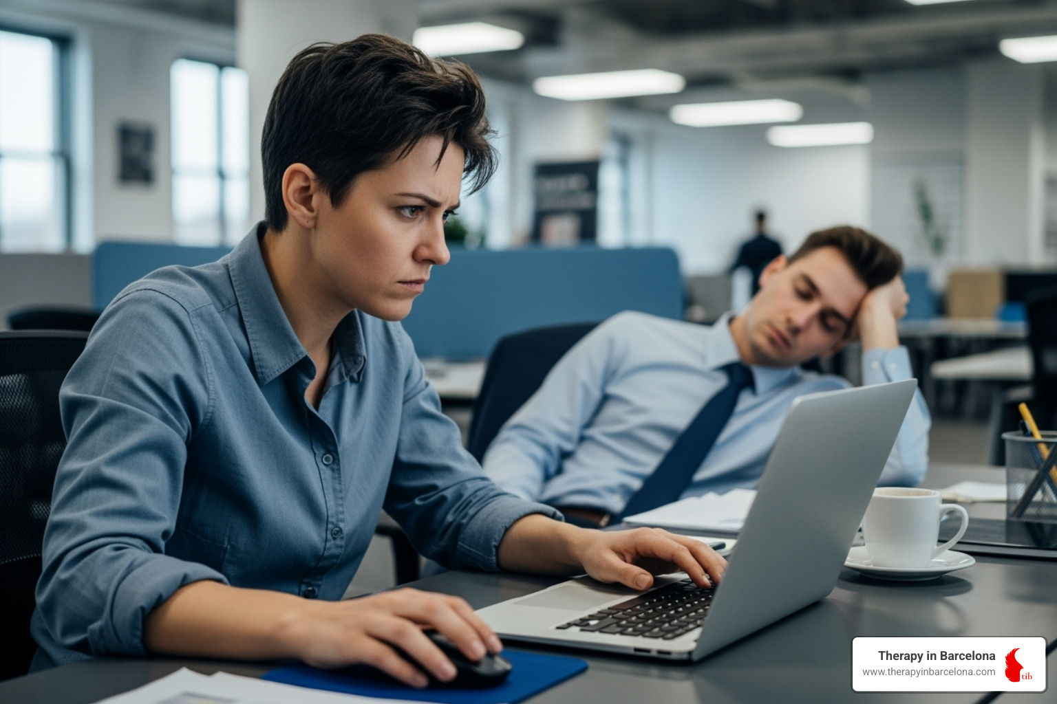 image showing the difference between stress (still engaged, but overloaded) and burnout (disconnected and drained) - online therapy for work stress
