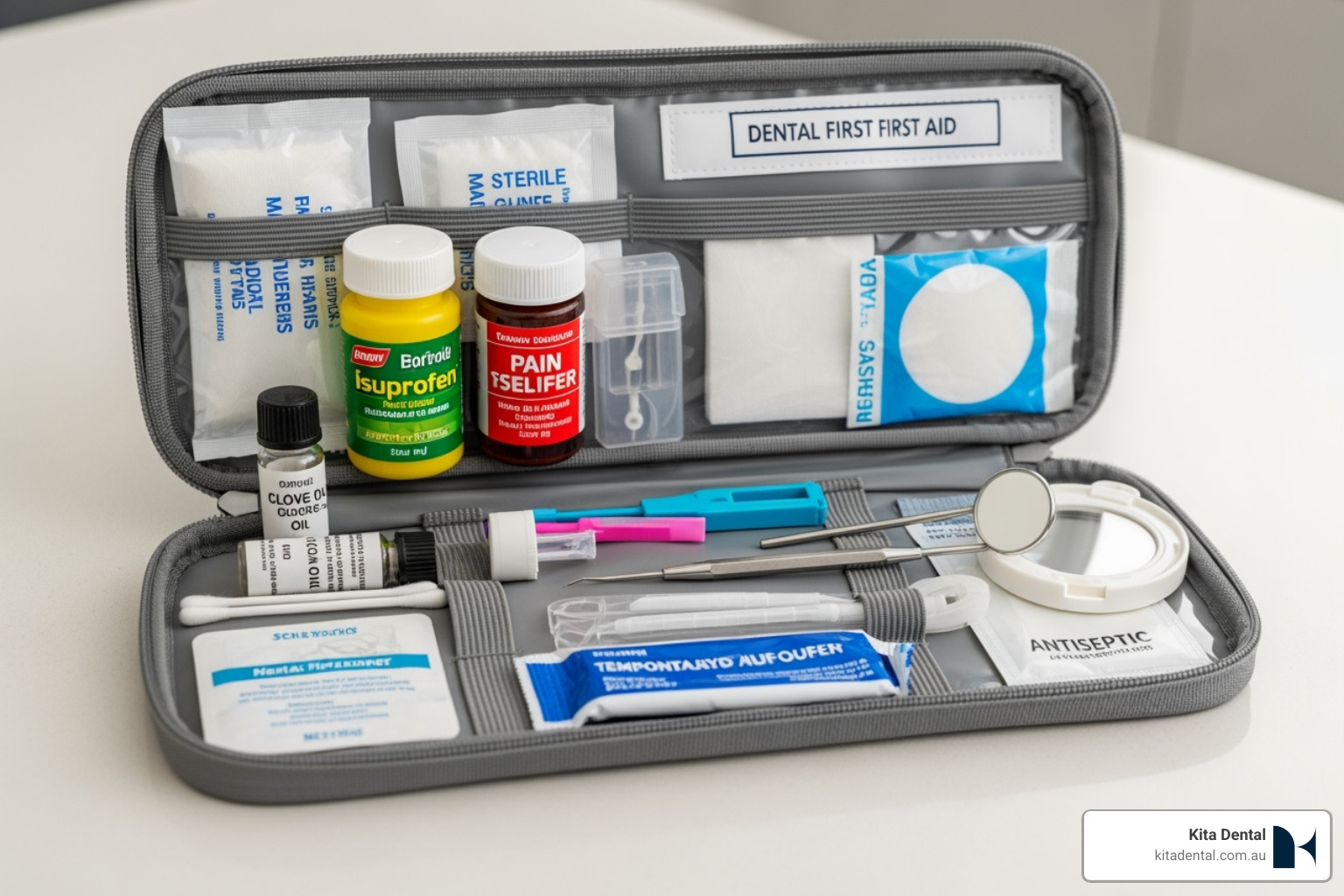 Well-stocked dental first aid kit - Dental emergency first aid Well-stocked dental first aid kit - Dental emergency first aid