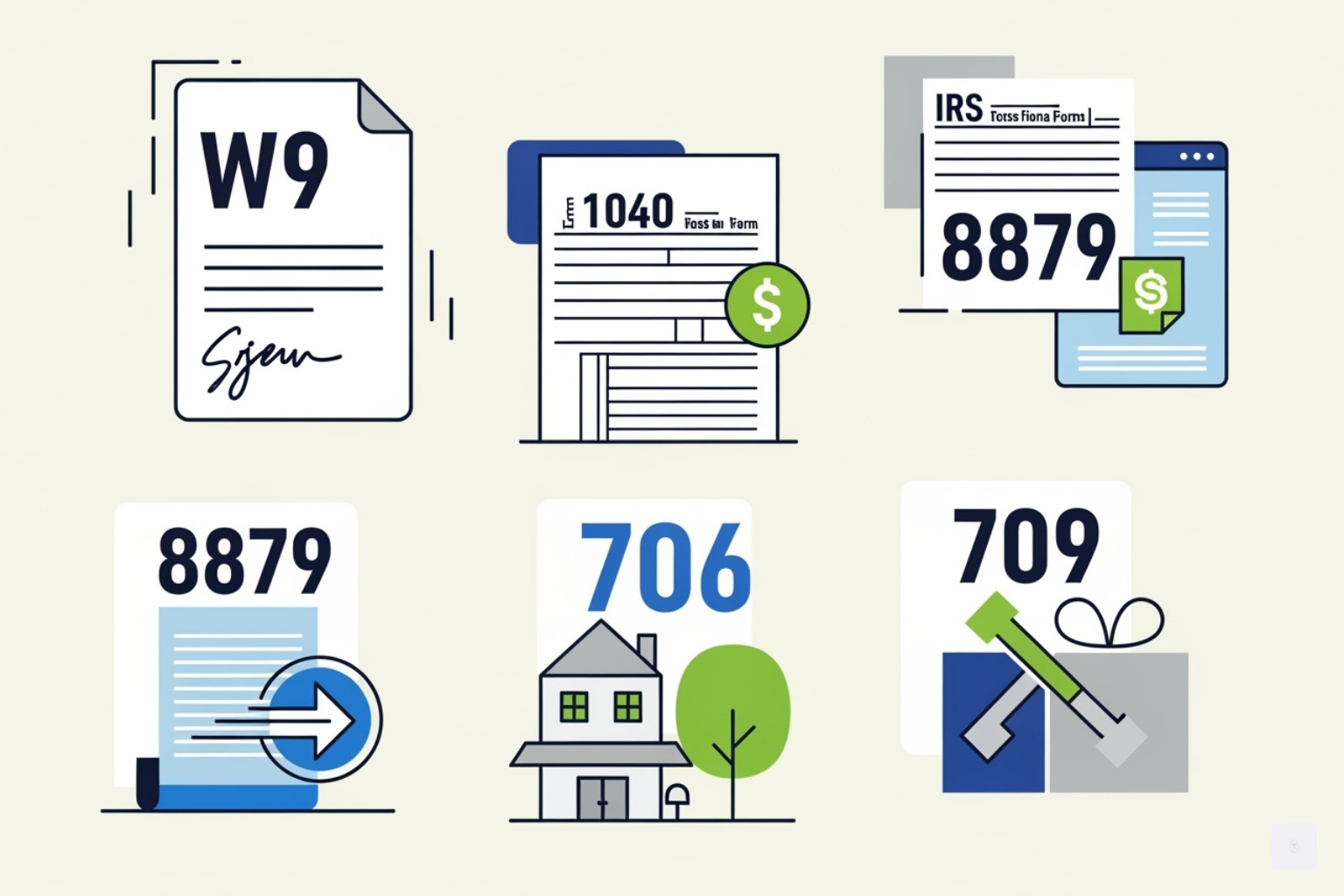 Collage of various IRS form icons, including W9, 1040, 8879, 706, and 709 - IRS compliant e-signature Collage of various IRS form icons, including W9, 1040, 8879, 706, and 709 - IRS compliant e-signature