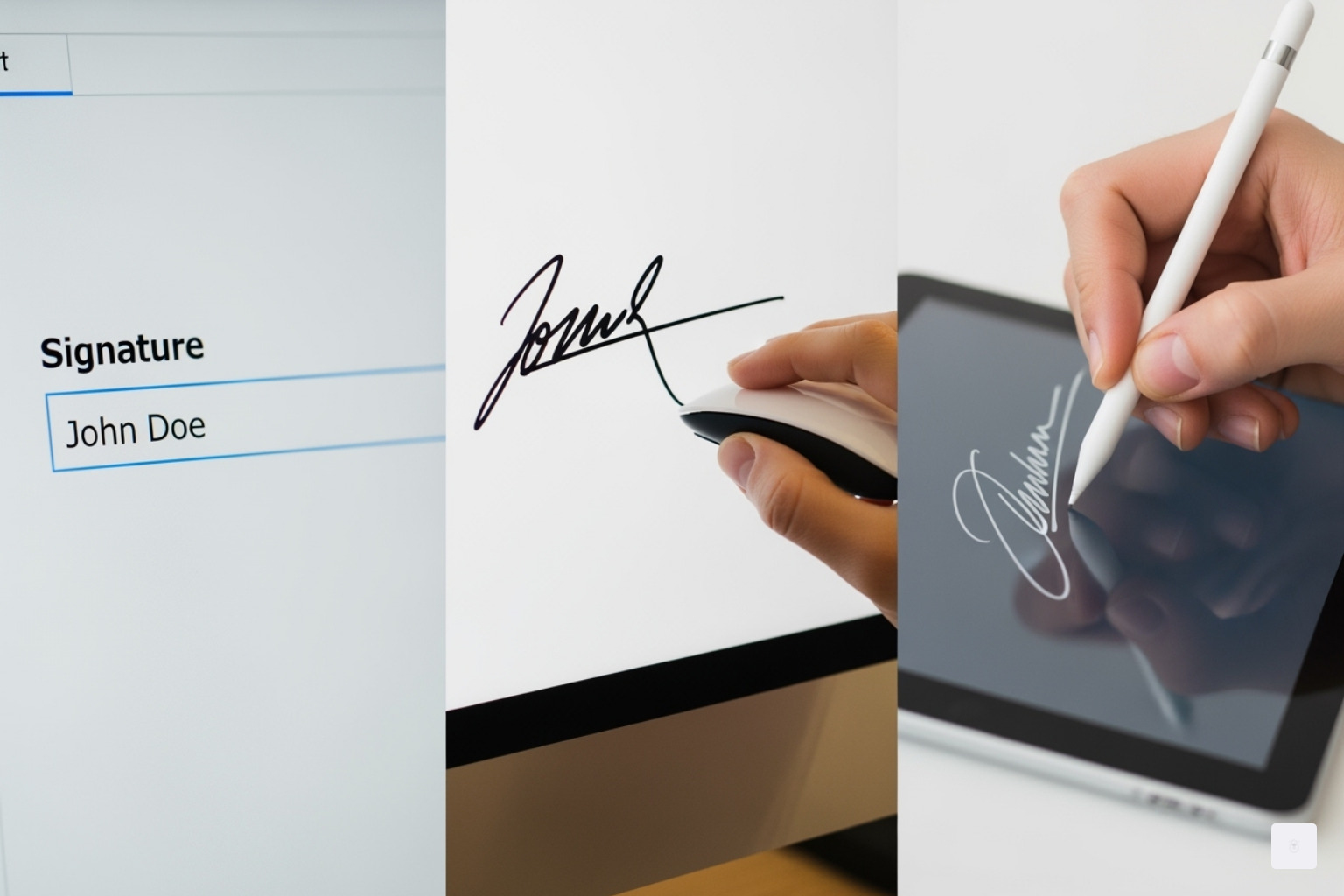 Image showing examples of different e-signature methods like a typed name, a mouse-drawn signature, and a stylus signature on a tablet - IRS compliant e-signature Image showing examples of different e-signature methods like a typed name, a mouse-drawn signature, and a stylus signature on a tablet - IRS compliant e-signature