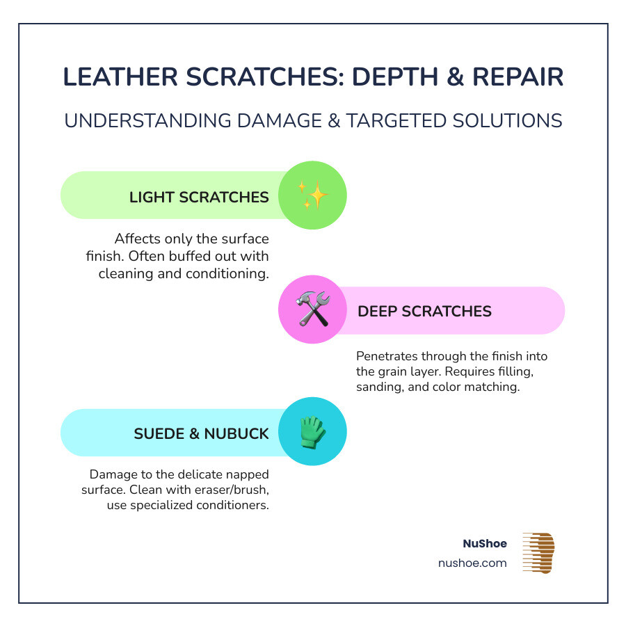 Infographic showing cross-section of leather layers (top grain, grain layer, corium layer) with arrows indicating how light scratches affect only the surface finish while deep scratches penetrate through multiple layers, plus illustrated repair methods for each depth - how to fix scratched leather infographic infographic-line-3-steps-colors