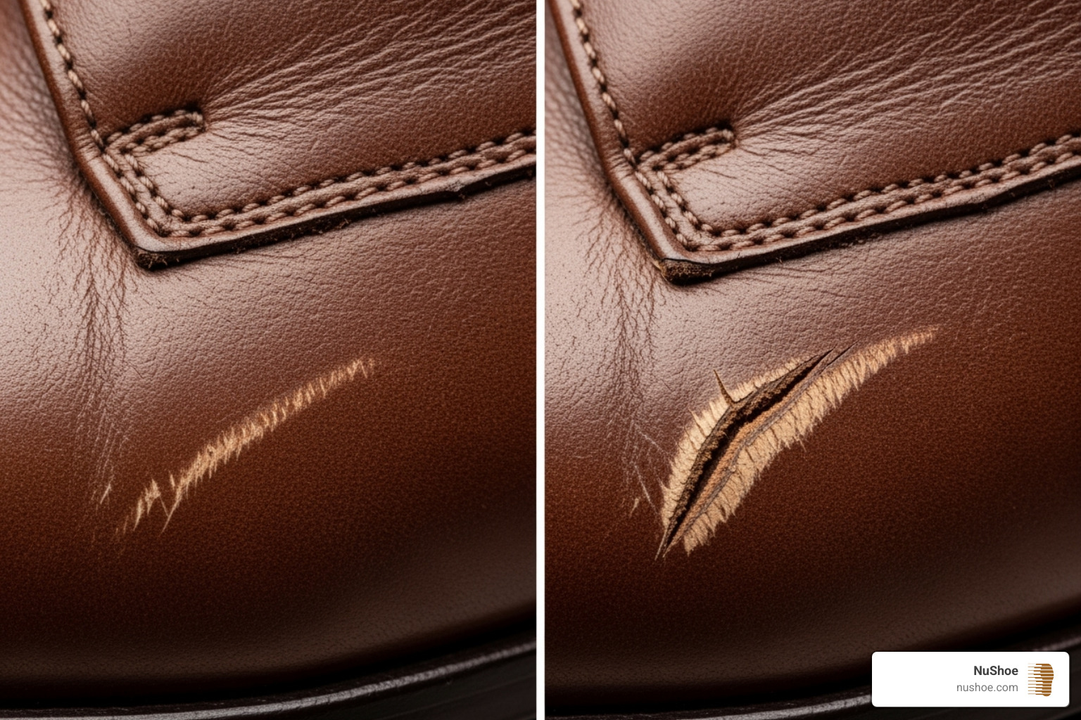 A side-by-side comparison of a light scratch (subtle discoloration) and a deep scratch (visible groove with exposed underlayer) on a brown leather shoe - how to fix scratched leather