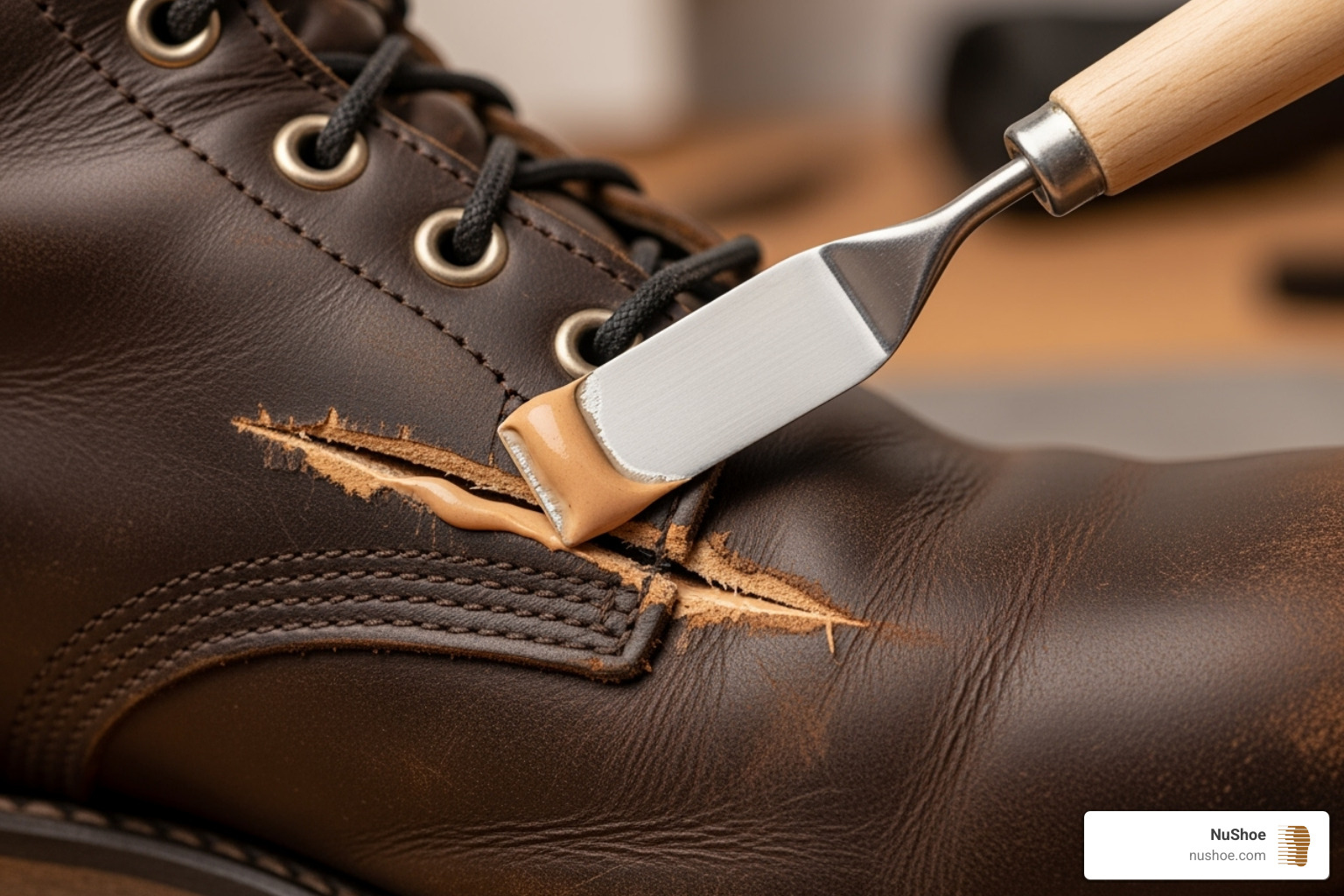A small spatula applying leather filler to a deep gouge on a brown leather boot - how to fix scratched leather