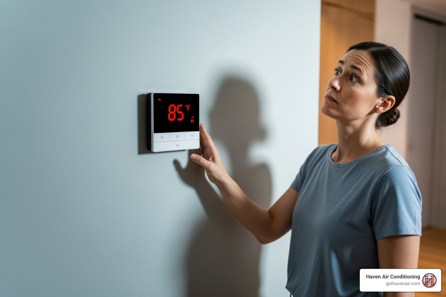 person looking quizzically at a thermostat displaying a high temperature - air conditioning service fullerton person looking quizzically at a thermostat displaying a high temperature - air conditioning service fullerton