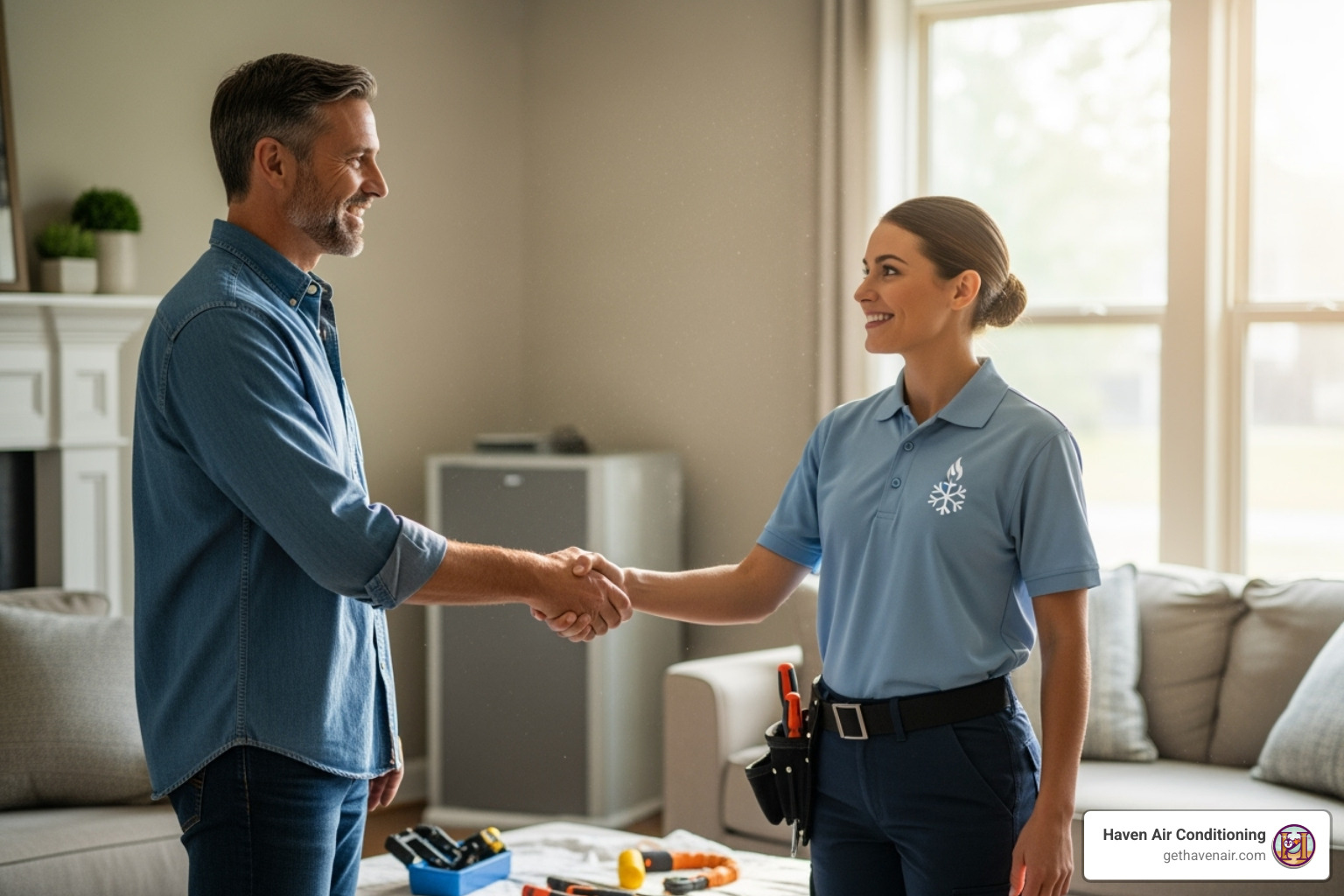 homeowner shaking hands with a friendly, uniformed HVAC technician - air conditioning service fullerton homeowner shaking hands with a friendly, uniformed HVAC technician - air conditioning service fullerton