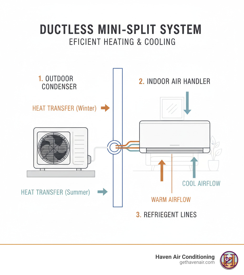 Infographic showing the three main components of a ductless mini-split system: an outdoor condenser unit mounted on a concrete pad, an indoor wall-mounted air handler in a living space, and refrigerant lines running through a small wall penetration connecting the two units, with labels indicating heat transfer and airflow - ductless heating installation garden grove infographic  Infographic showing the three main components of a ductless mini-split system: an outdoor condenser unit mounted on a concrete pad, an indoor wall-mounted air handler in a living space, and refrigerant lines running through a small wall penetration connecting the two units, with labels indicating heat transfer and airflow - ductless heating installation garden grove infographic