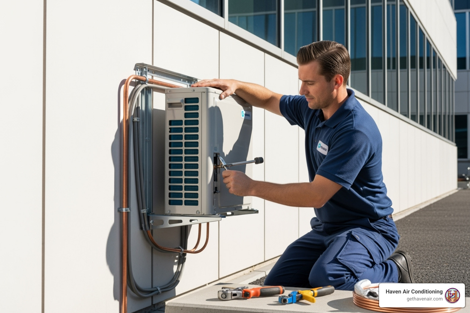 technician cleanly installing an outdoor condenser unit - ductless heating installation garden grove technician cleanly installing an outdoor condenser unit - ductless heating installation garden grove