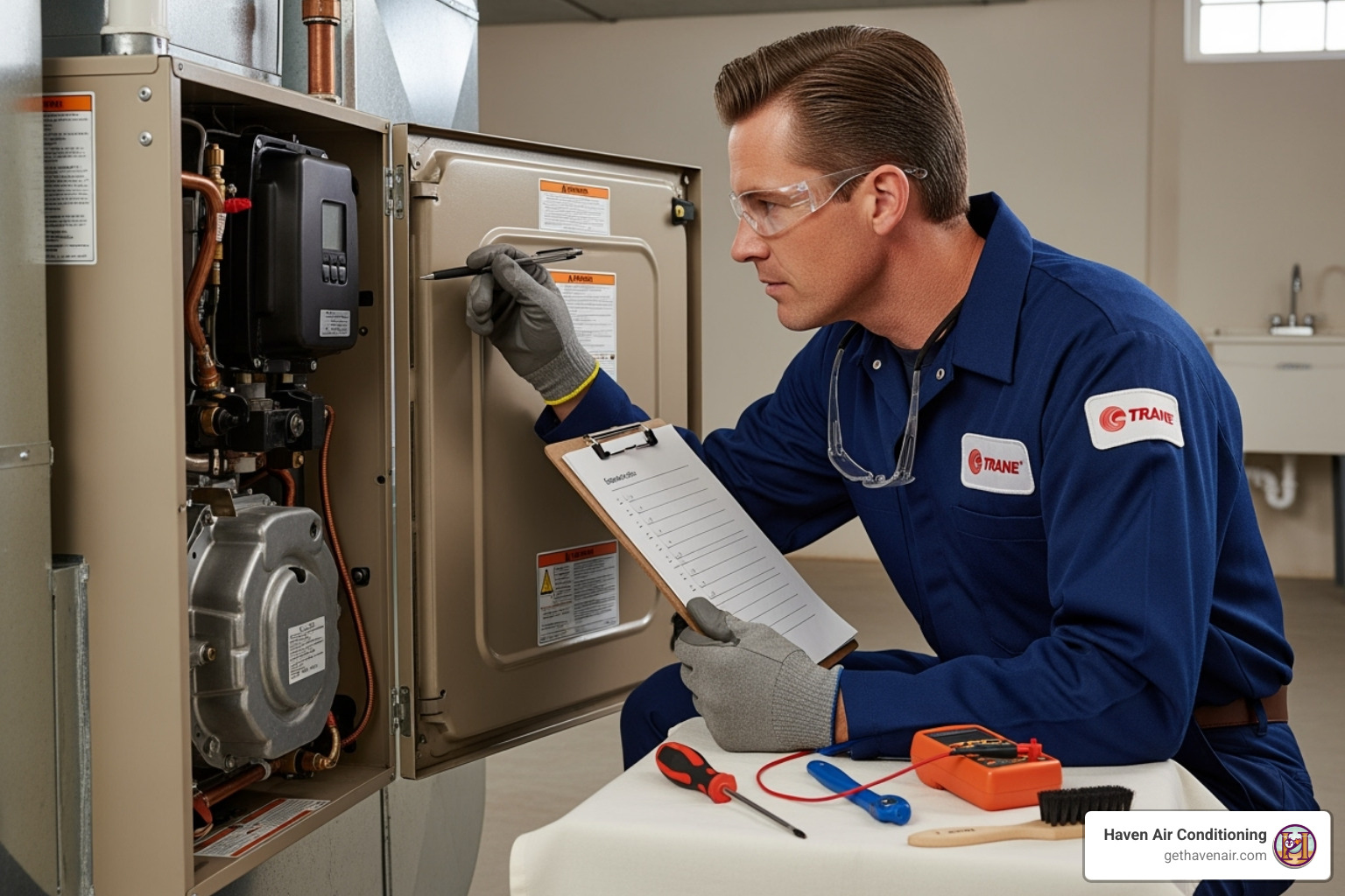 HVAC technician performing furnace inspection with a checklist - preventive furnace maintenance santa ana