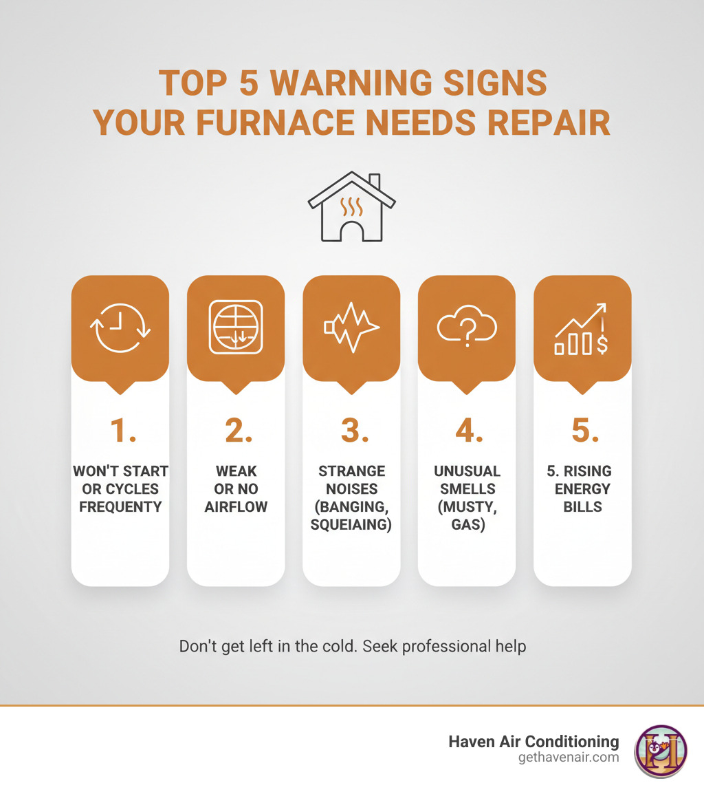 Infographic showing the top 5 warning signs your furnace needs repair: 1. Furnace won't start or cycles frequently, 2. Weak or no airflow from vents, 3. Strange noises like banging, squealing, or rattling, 4. Unusual smells such as musty odors or gas, 5. Rising energy bills despite normal usage - furnace repair anaheim infographic 