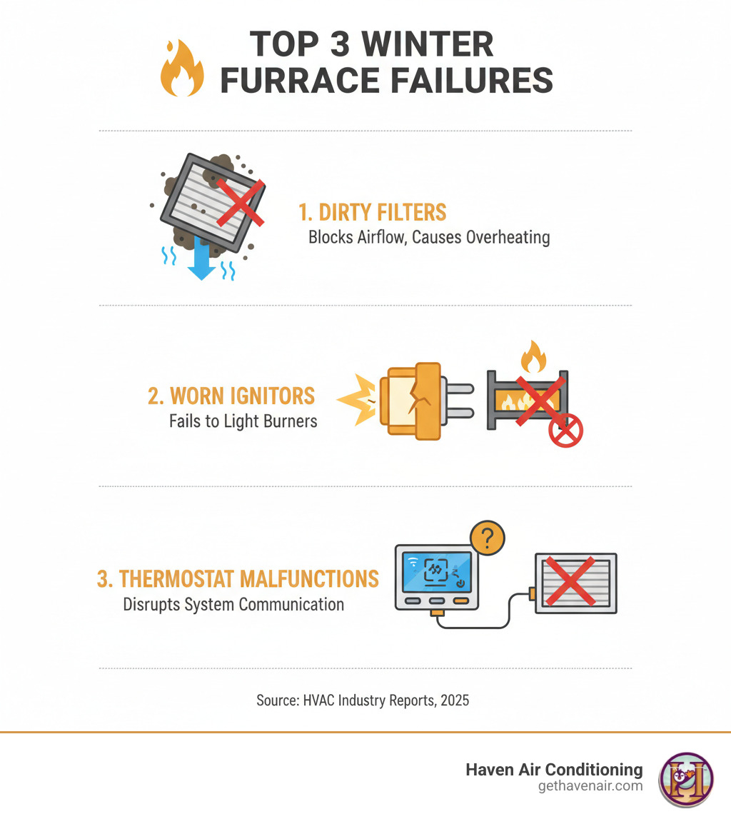 infographic showing the top 3 reasons furnaces fail in winter: dirty filters restricting airflow, worn ignitors failing to light burners, and thermostat malfunctions preventing proper system communication - same day furnace repair mission viejo infographic infographic showing the top 3 reasons furnaces fail in winter: dirty filters restricting airflow, worn ignitors failing to light burners, and thermostat malfunctions preventing proper system communication - same day furnace repair mission viejo infographic
