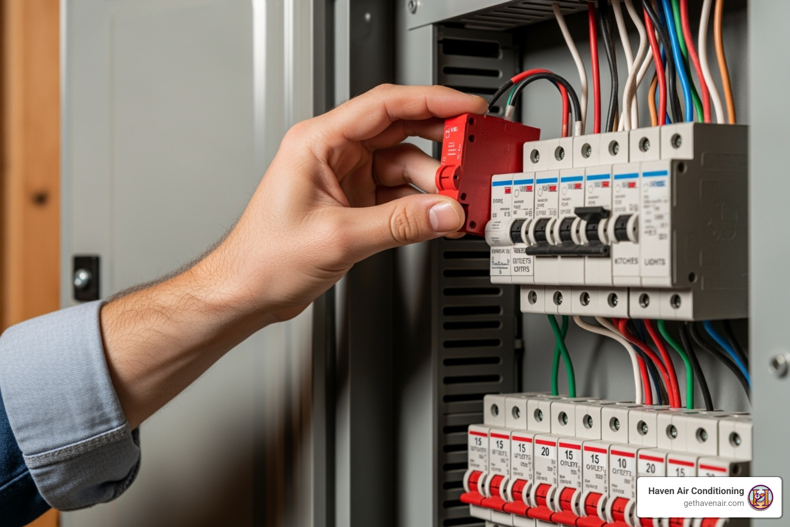 Image of a hand checking the circuit breaker for a furnace - furnace repair anaheim