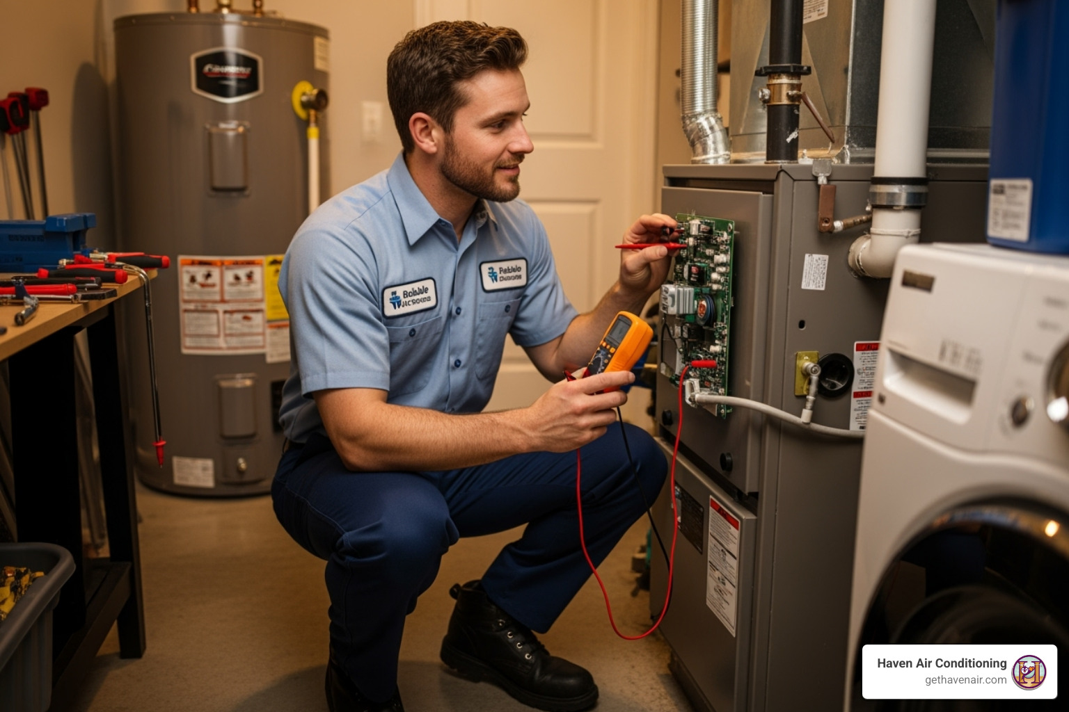 Image of a friendly technician professionally inspecting a furnace unit - furnace repair anaheim