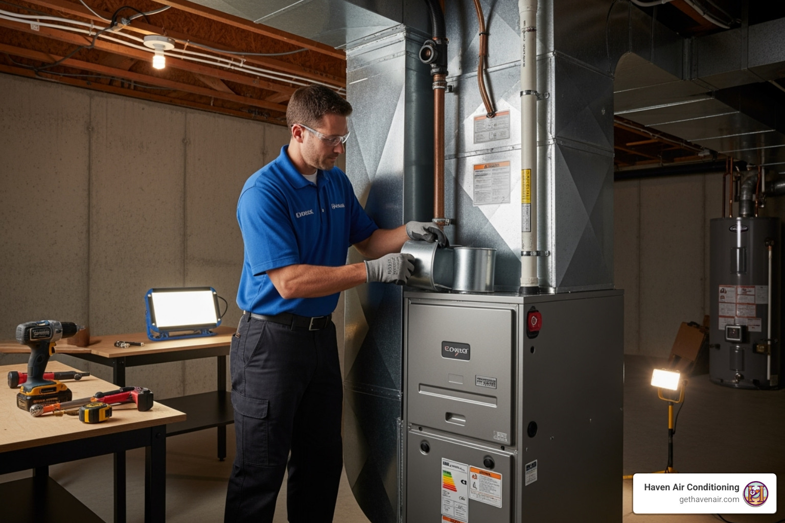 certified technician carefully installing an indoor furnace unit - hvac installation orange county certified technician carefully installing an indoor furnace unit - hvac installation orange county