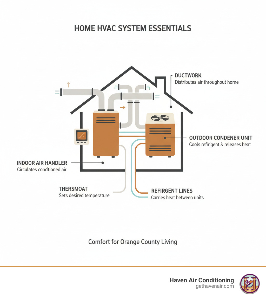infographic showing HVAC system components including outdoor condenser unit, indoor air handler, ductwork, thermostat, and refrigerant lines with labels explaining their functions - hvac installation orange county infographic infographic showing HVAC system components including outdoor condenser unit, indoor air handler, ductwork, thermostat, and refrigerant lines with labels explaining their functions - hvac installation orange county infographic