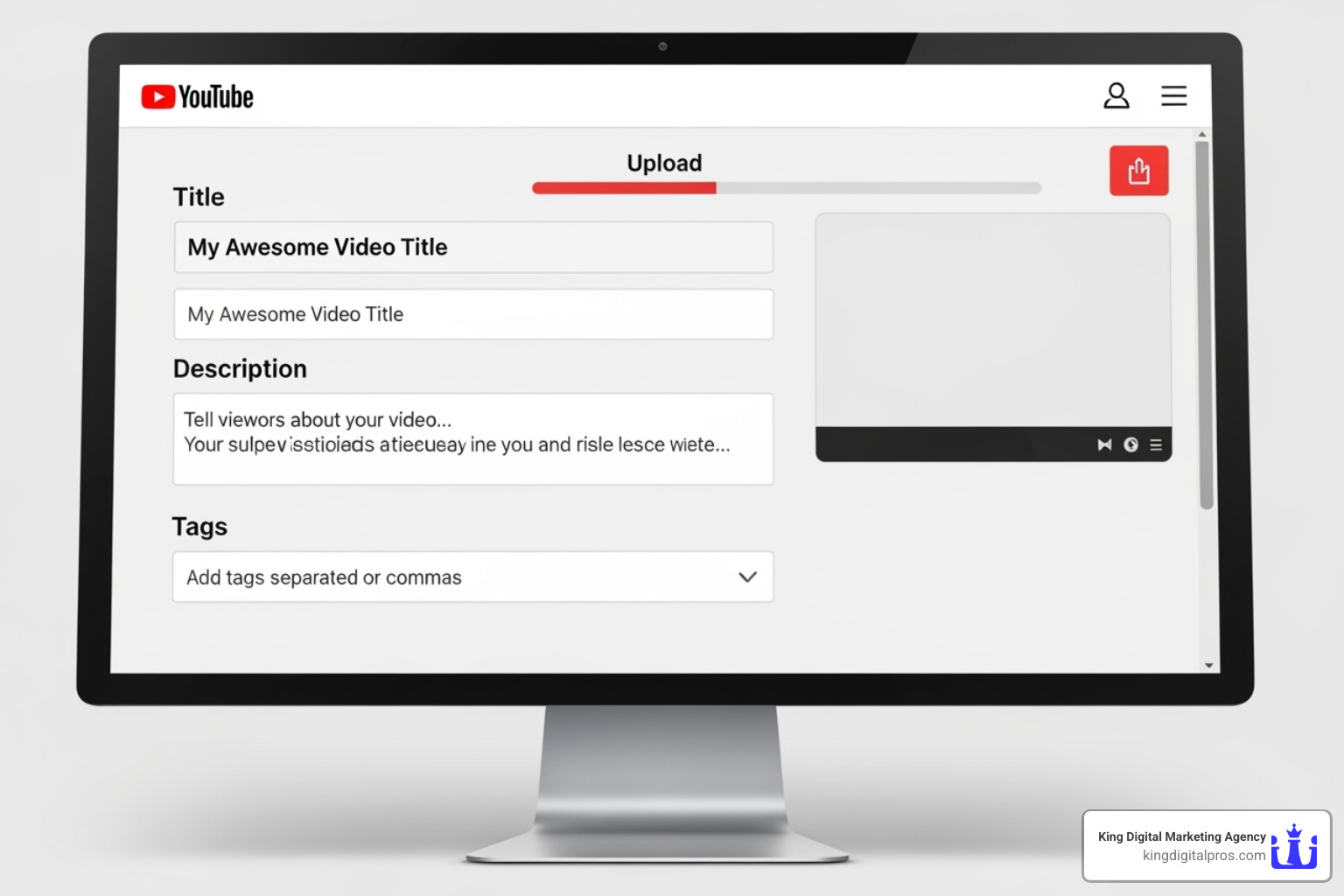 Image of the YouTube video upload screen showing title, description, and tags fields - seo in youtube means