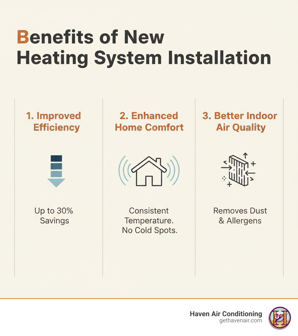 infographic showing three main benefits of new heating system installation: 1) Improved Energy Efficiency with icon of declining utility bills and up to 30% savings, 2) Improved Home Comfort with icon of even temperature distribution and no cold spots, 3) Better Indoor Air Quality with icon of air filter removing dust and allergens - heating system installation irvine infographic infographic showing three main benefits of new heating system installation: 1) Improved Energy Efficiency with icon of declining utility bills and up to 30% savings, 2) Improved Home Comfort with icon of even temperature distribution and no cold spots, 3) Better Indoor Air Quality with icon of air filter removing dust and allergens - heating system installation irvine infographic