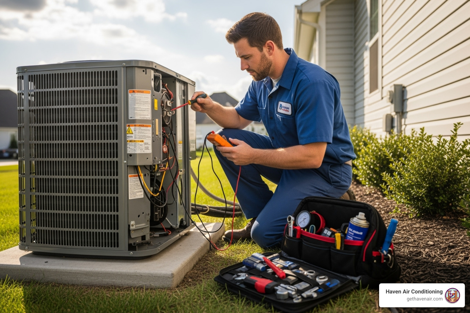Technician performing routine AC maintenance - air conditioner troubleshooting orange ca Technician performing routine AC maintenance - air conditioner troubleshooting orange ca
