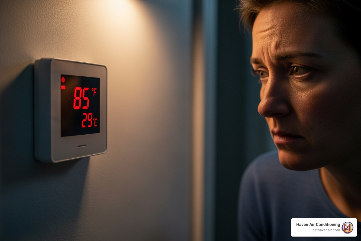 a person looking concerned at their thermostat displaying a high temperature - air conditioning repair fullerton