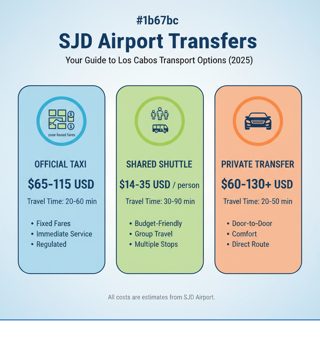 Infographic showing three transport options from SJD Airport: Official Taxi with zone-based icon and average cost $65-115 USD, Shared Shuttle with multiple passengers icon and cost $14-35 USD per person, and Private Transfer with luxury vehicle icon and cost $60-130+ USD, each with travel time ranges and key benefits listed - los cabos taxi cost from airport infographic 