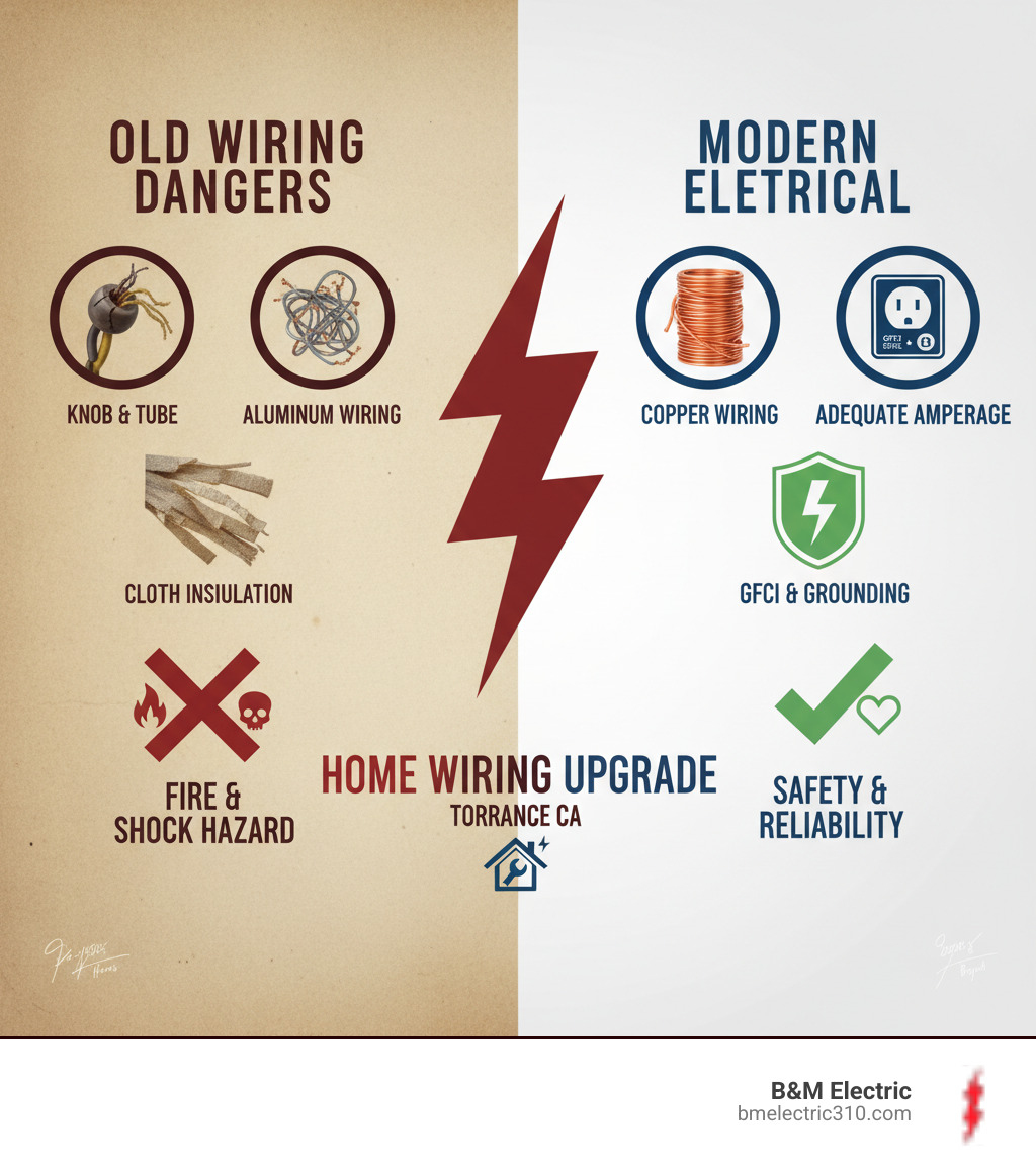 infographic comparing old wiring dangers including knob and tube wiring, aluminum wiring, and cloth insulation that becomes brittle versus modern copper wiring with proper insulation, grounding, GFCI protection, and adequate amperage capacity - complete home wiring torrance ca infographic 