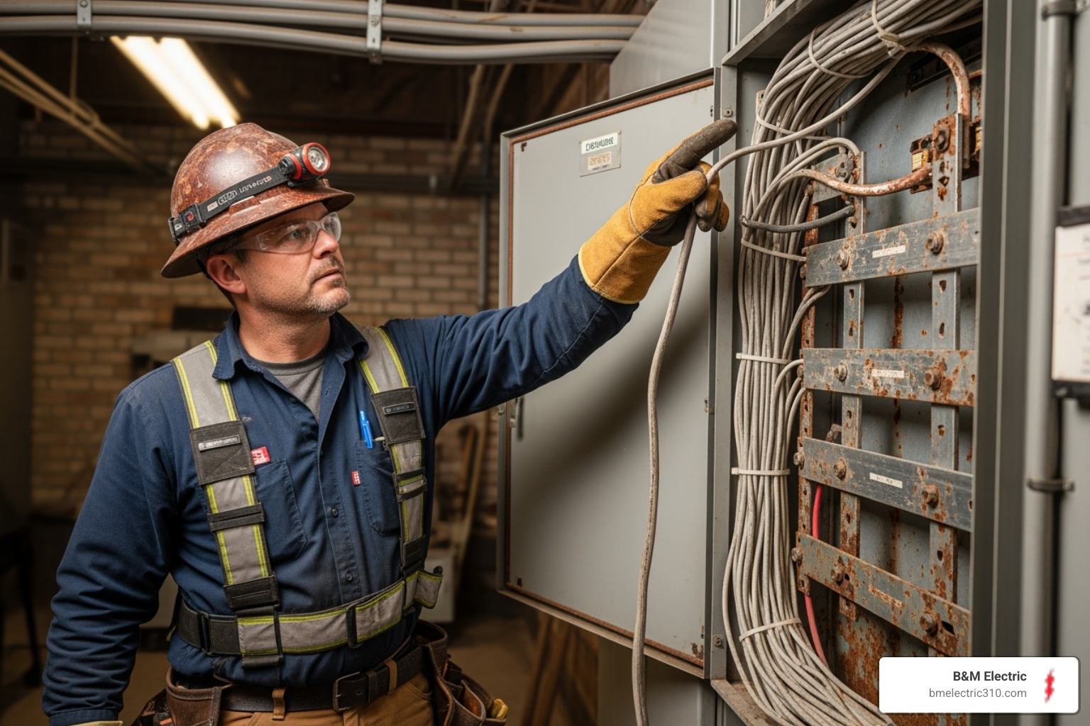electrician pointing out outdated aluminum wiring - commercial electrical inspection torrance