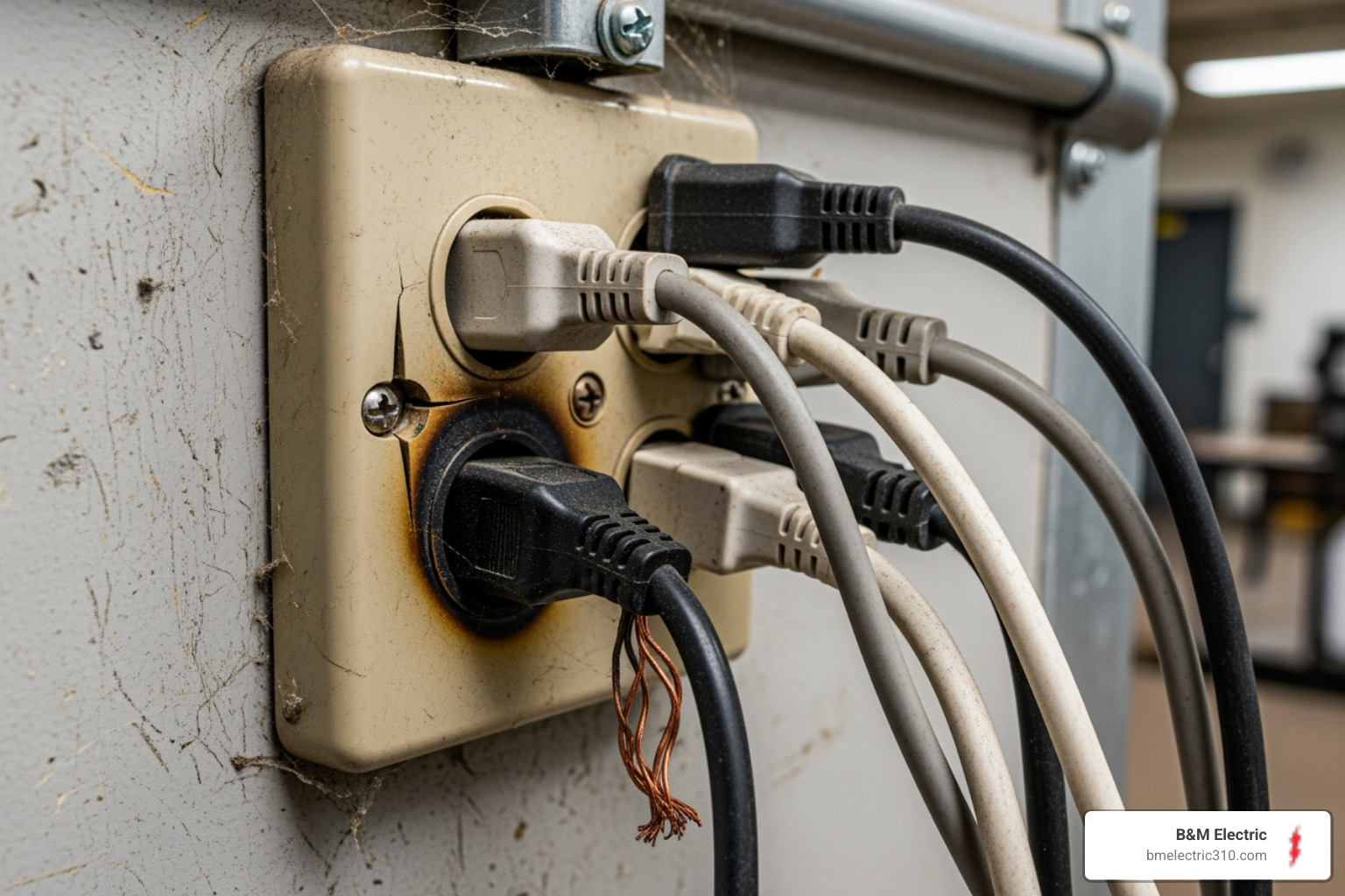 visibly outdated or overloaded electrical outlet in a commercial setting - commercial electrical inspection torrance