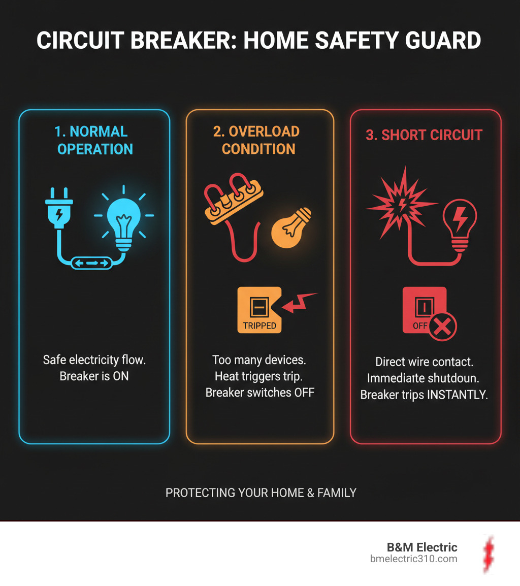 infographic showing how a circuit breaker works as a safety device with three main scenarios: normal operation with electricity flowing safely, overload condition causing the breaker to trip, and short circuit causing immediate shutdown, with simple illustrations of each state - breaker keeps tripping repair torrance infographic 