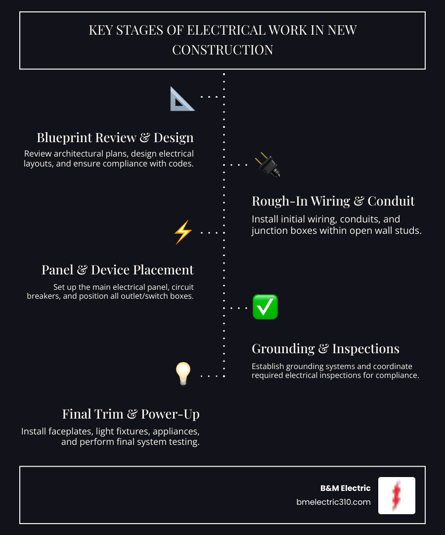 Infographic showing the key stages of electrical work in a new construction project: 1. Blueprint Review & System Design, 2. Rough-In Wiring (open walls), 3. Conduit & Panel Installation, 4. Outlet/Switch Box Placement, 5. Grounding & Safety Systems, 6. Inspection & Code Compliance, 7. Final Trim & Connection (after walls closed), 8. Power-Up & Testing - construction electrician near me infographic infographic-line-5-steps-dark