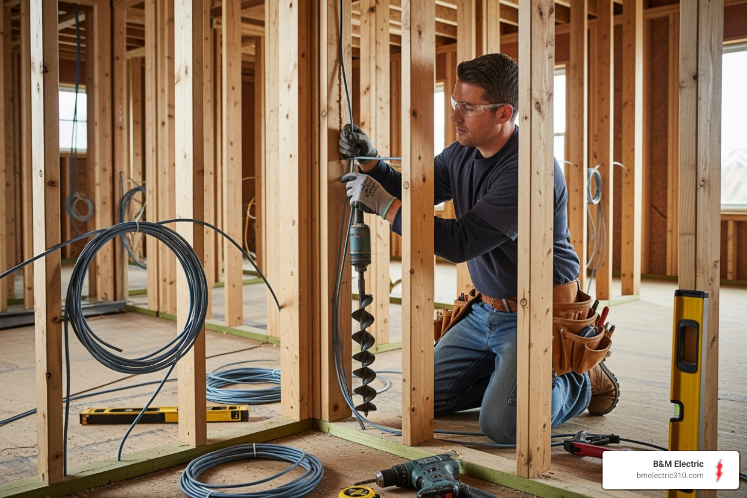 electrician running new wires through wall framing - complete home wiring torrance ca