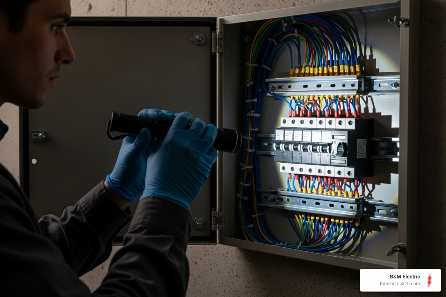 person wearing safety gloves and using a flashlight to look at a circuit breaker panel - breaker keeps tripping repair torrance