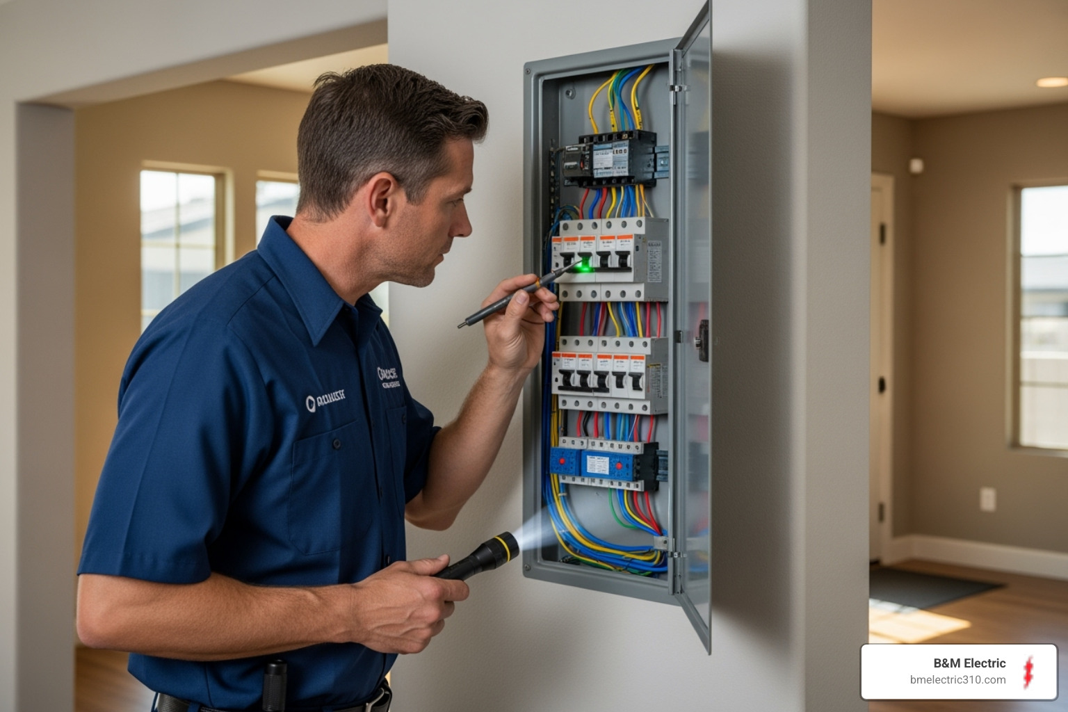 professional electrician inspecting a circuit panel in a Torrance home - breaker keeps tripping repair torrance